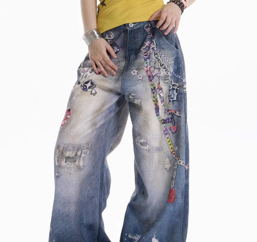 American Retro Cartoon Chain Printed Jeans