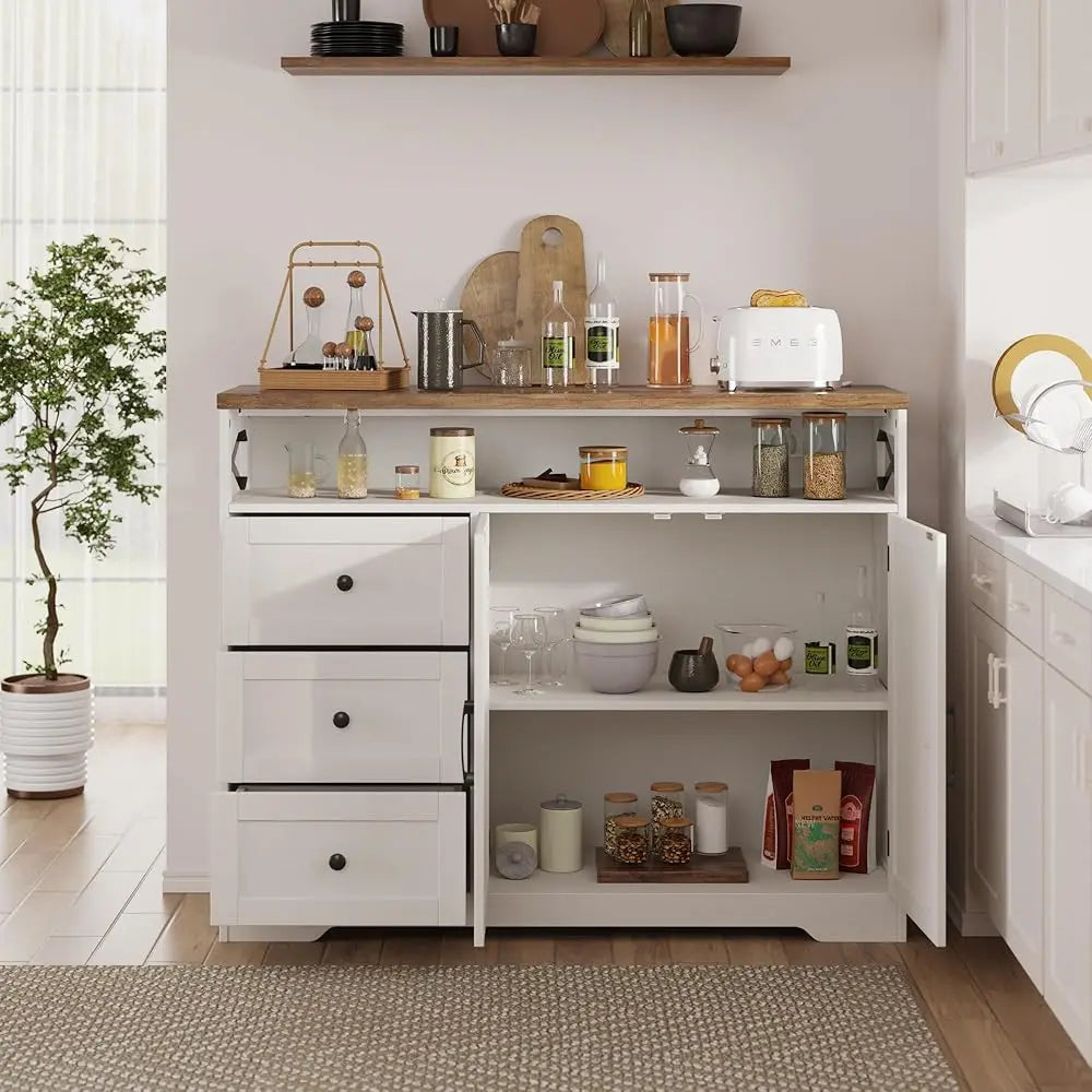 47"" Antique White Storage Cabinet With Doors And Drawers, Farmhouse Sideboard Buffet Cabinet With Storage, Kitchen Pantry