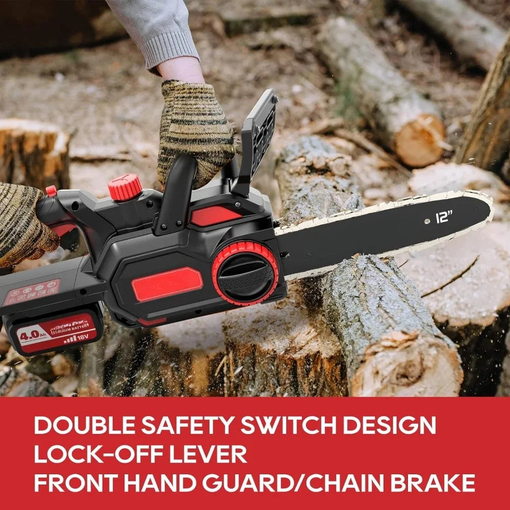 Cordless Chainsaw 12-Inch,18V Electric Chainsaw with 4Ah Battery and Fast Charger, Powerful Chain Saws with Double Safety Switch