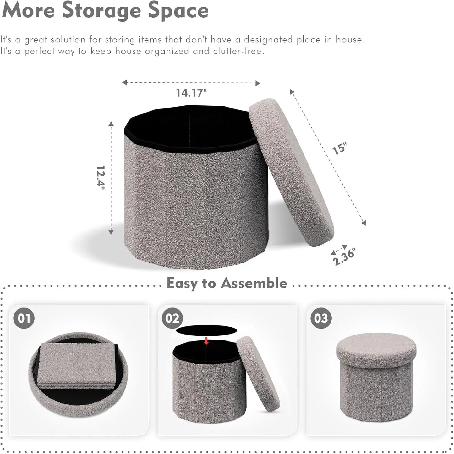 B Fsobeiialeo Storage Ottoman Cube, Round Ottomans With Storage Foot Stool Footrest For Lving Room, Boucle Ottoman Seat For