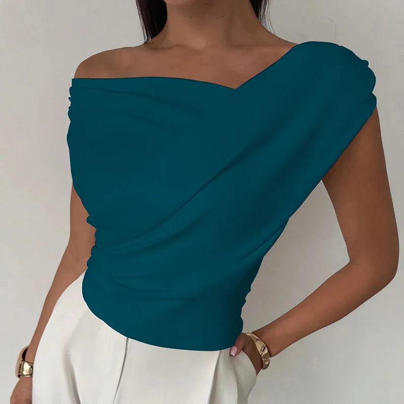 Fashion Asymmetric Slash Collar Short Tops Casual Sleeveless Pleated Commute Shirts Elegant Solid Color Slim Simple Women's Tops