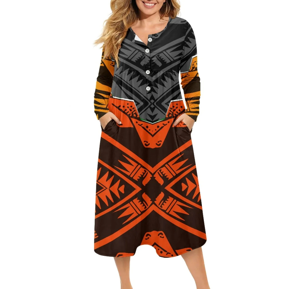 Clothing Women High Quality Polynesian Marquesan Cross Dress Loose Plus Size Ladies V Neck Button Dress Printed On Demand