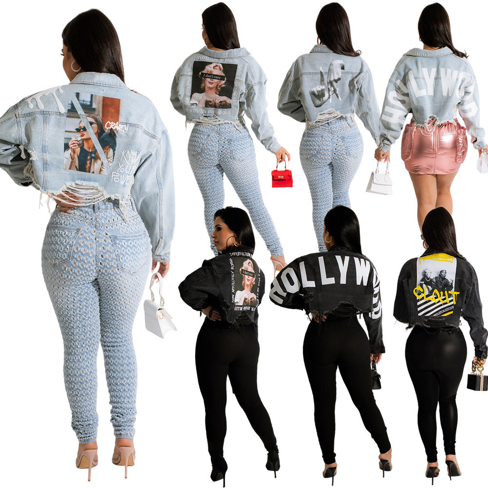 Fashion Hot Retro Everything With Personality Raw Edge Jacket Hot Painted Coat
