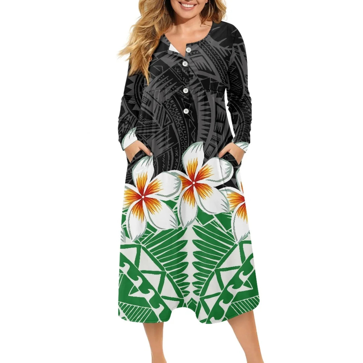 Clothing Women High Quality Polynesian Marquesan Cross Dress Loose Plus Size Ladies V Neck Button Dress Printed On Demand