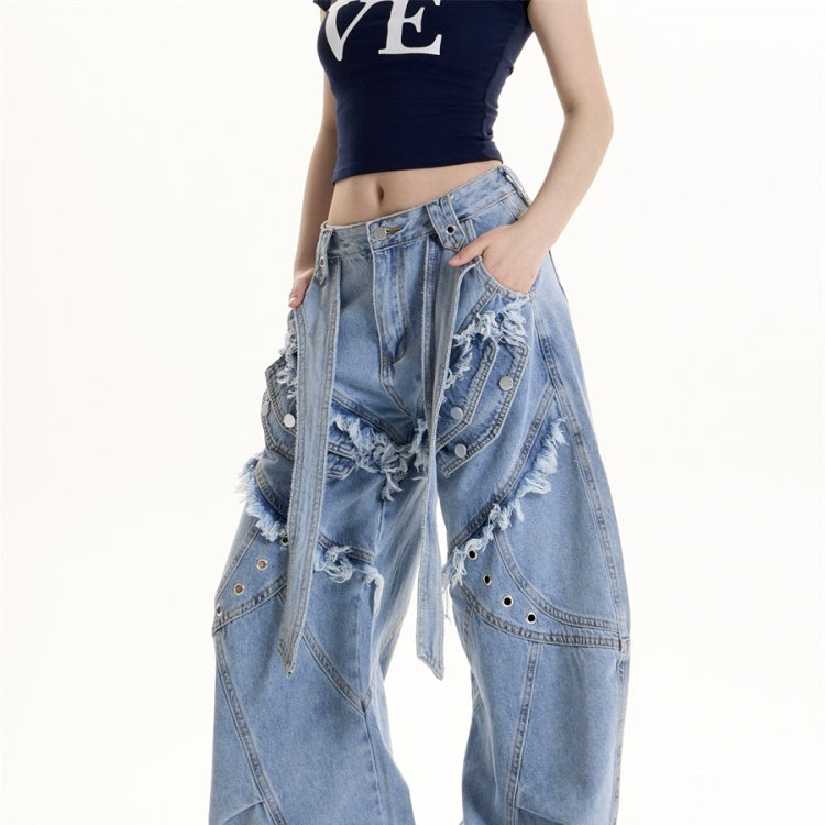 American Retro Heavy Industry Mechanical Style Deconstruction Cargo Jeans