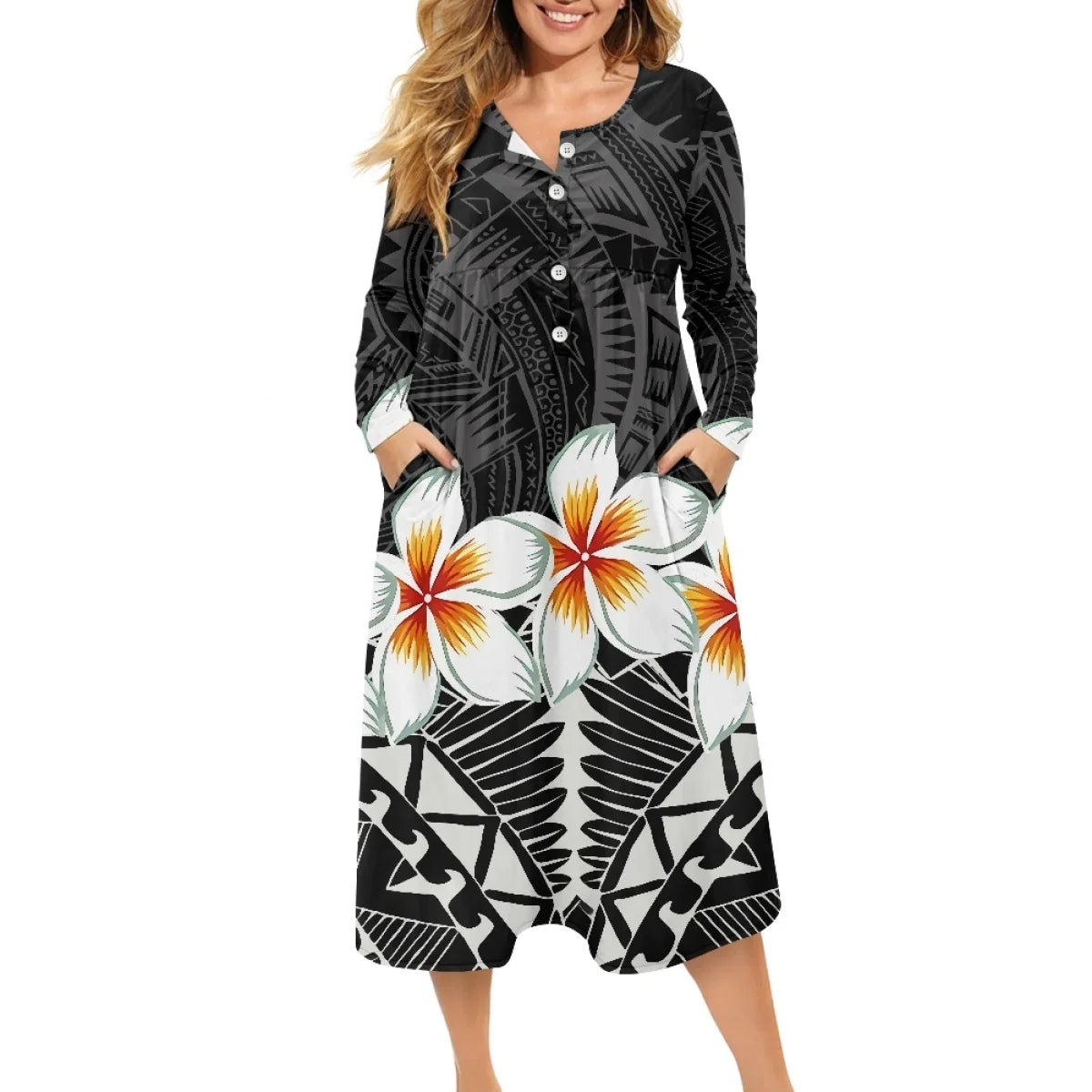 Clothing Women High Quality Polynesian Marquesan Cross Dress Loose Plus Size Ladies V Neck Button Dress Printed On Demand