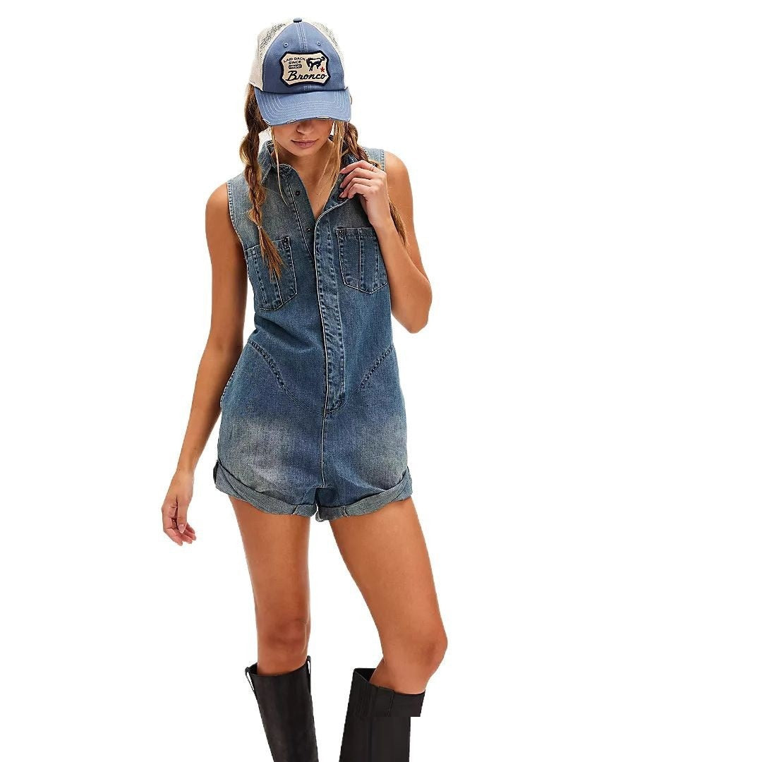 European And American Retro Lapels Blue Casual Wide Leg Heart-shaped Cowboy Siamese Shorts