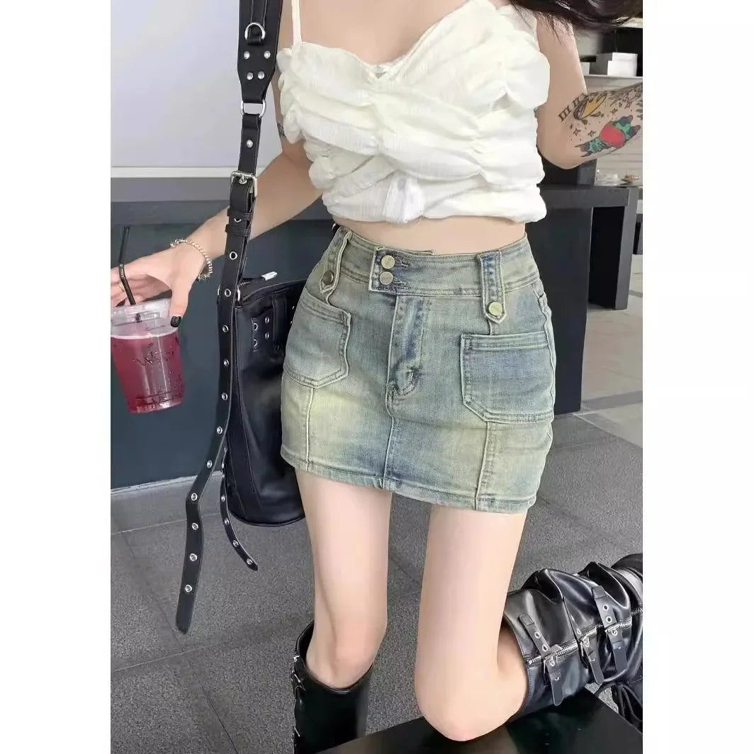 American Retro High-waisted Denim Half Body Skirt.Summer Fashion Hot Girl Outfits Ladies.Casual Hip Wrap A-line Mini Culottes