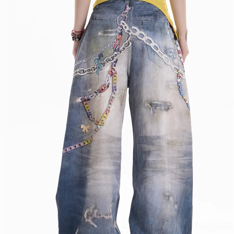 American Retro Cartoon Chain Printed Jeans
