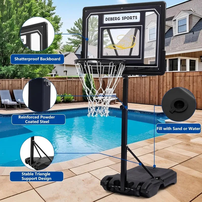 DEBERG Swimming Pool Basketball Hoop Set Height-Adjustable Portable Pool Basketball Hoop Poolside, Includes a Ball and Air Pump