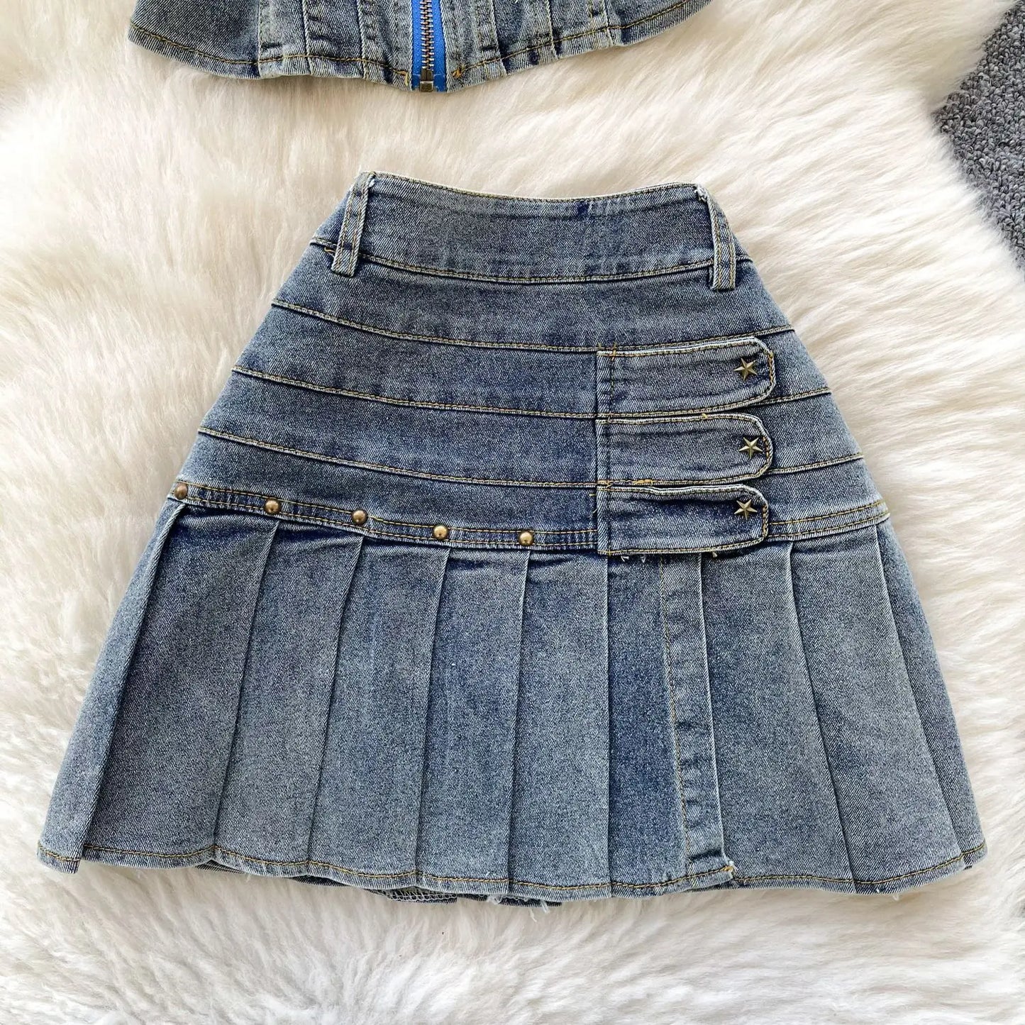 American Spice Girl Denim Suit, Women's Heavy Industrial Rivets Zipper Sleeveless Strapless Top,High-waisted Pleated Denim Skirt