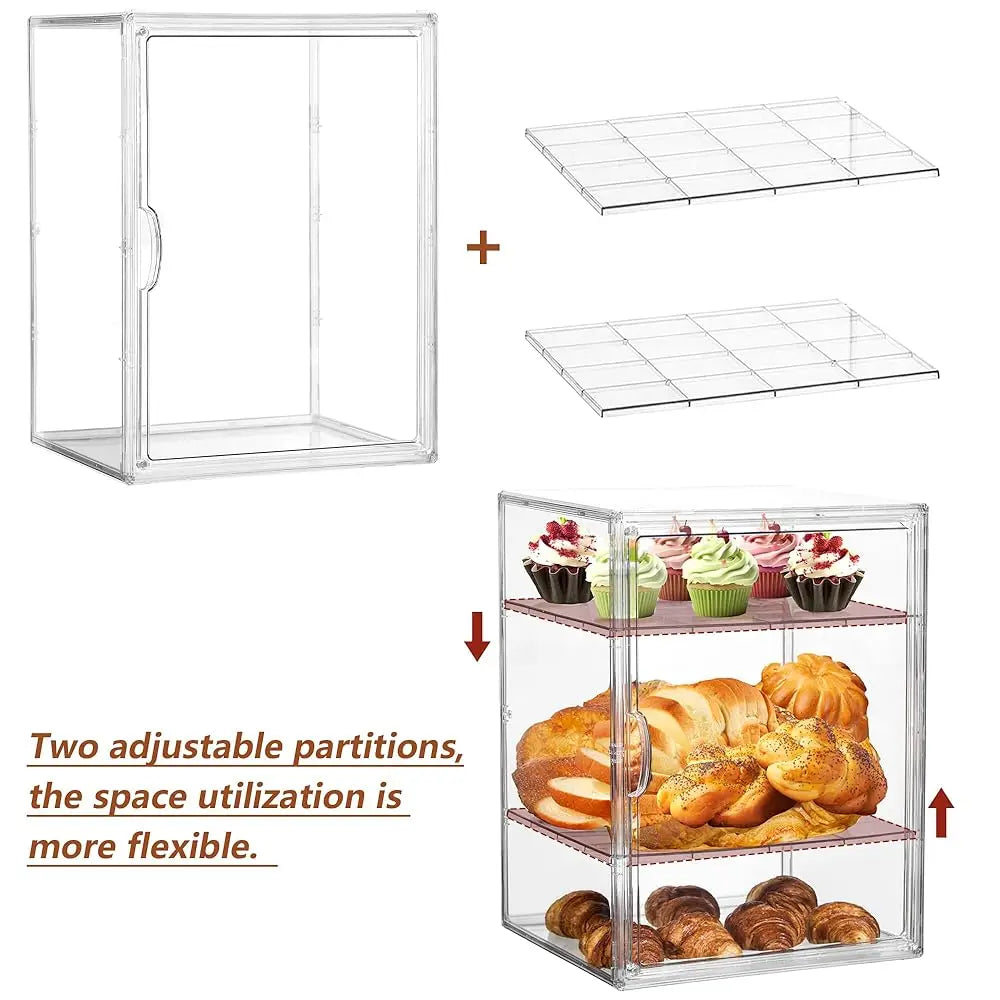 Bread Box For Kitchen Countertop Pastry Bakery Display Case 3 Layers Adjustable Large Bread Storage Container For Homemade