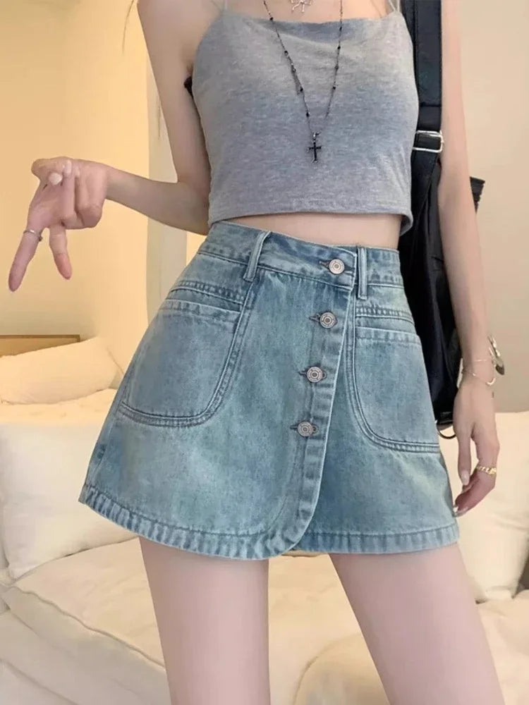Chic and Elegant Blue Woman Pants Denim Skirt Stylish Korean Fashion Y2k Vintage High Quality Summer 2025 Jeans Skirts for Women
