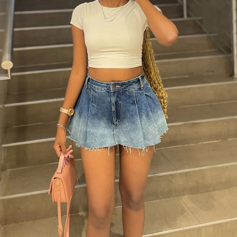 Benuynffy Y2k Streetwear Raw Hem Pleated Denim Skirt Women's Summer Retro Fashion High Waisted Harajuku A-Line Mini Skirts 2025
