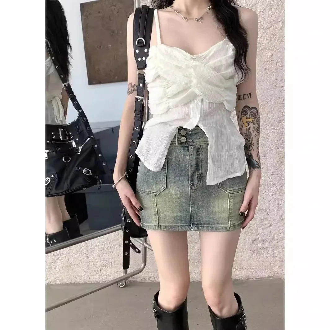 American Retro High-waisted Denim Half Body Skirt.Summer Fashion Hot Girl Outfits Ladies.Casual Hip Wrap A-line Mini Culottes