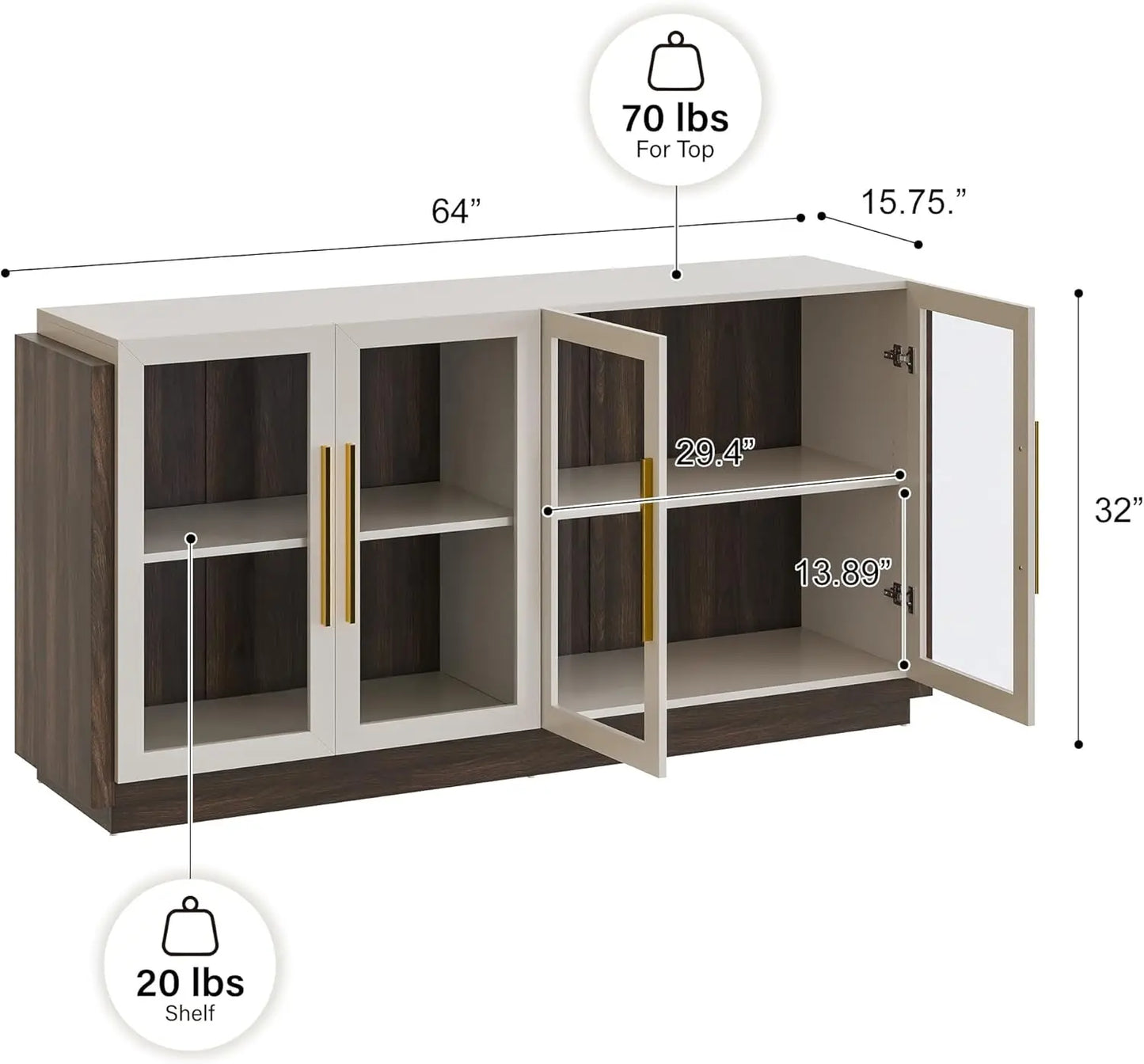 Belleze Sideboard Buffet Cabinet, Modern Wood Glass-Buffet-Sideboard With Storage, Console Table For Kitchen, Dining Room,