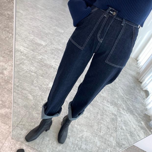 Autumn And Winter Simplicity Bright Line High Waist Slimming Double Pocket One Button Wide Leg Design Jeans Trousers For Women