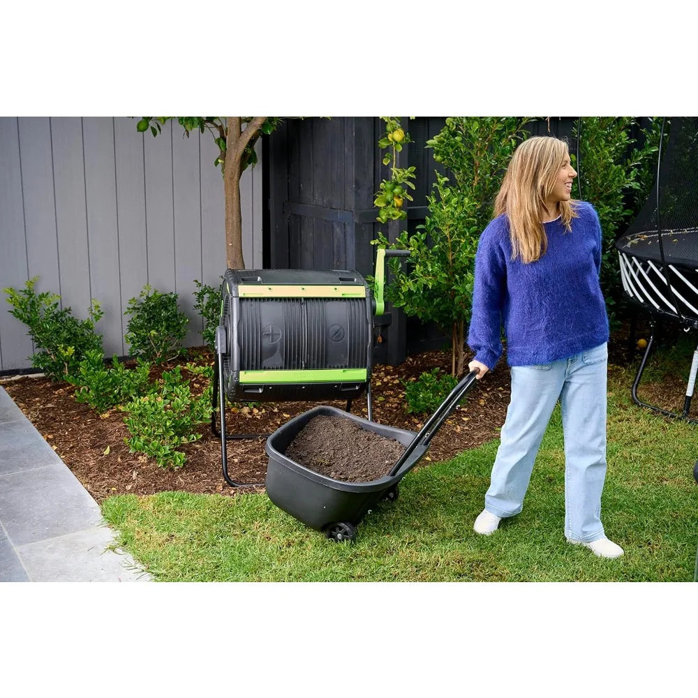 Exclusive Combo - 48 Gallon Compost Tumbler with Compost Cart, 9 Liter Compost bin, 3 Rolls of Corn Bags and Plant Caddy