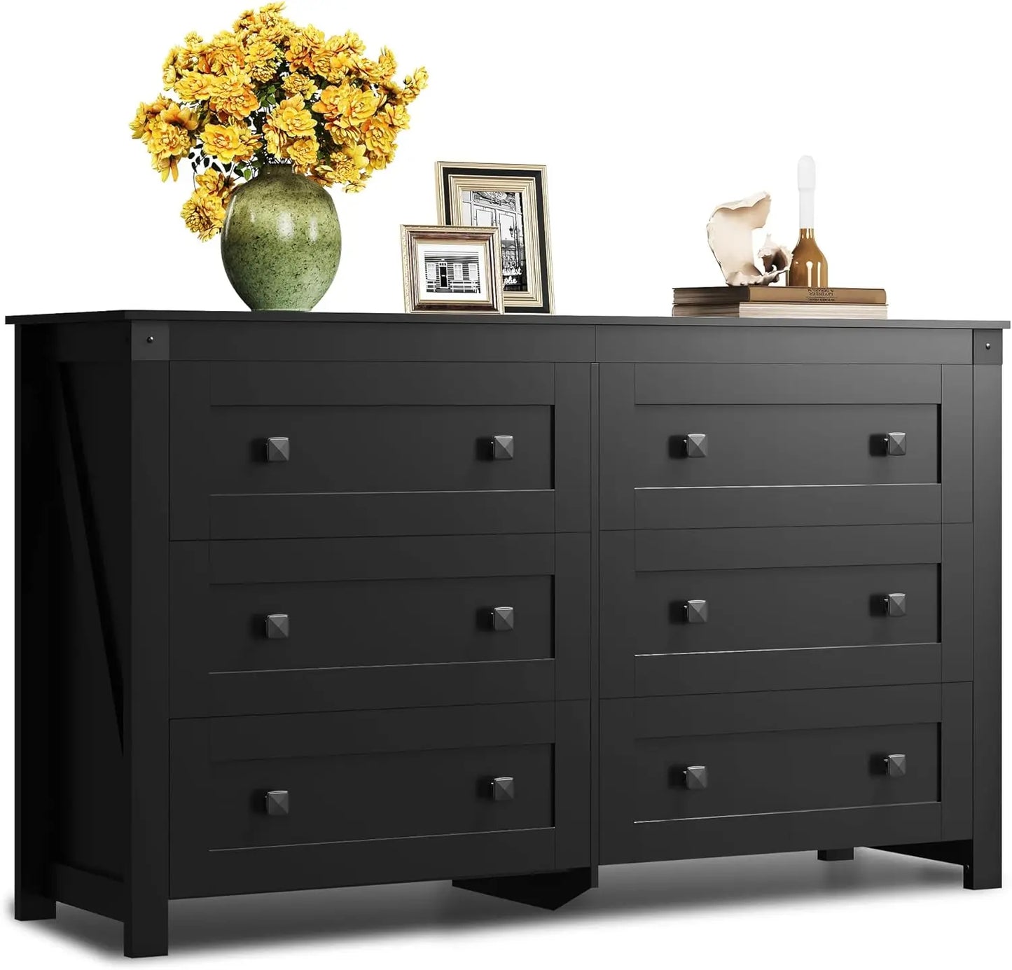 Farmhouse Black Dresser for Bedroom, 53.07'' Wide 6 Drawer Wood Dresser, Chest of Drawers with Double Rustic Handle,