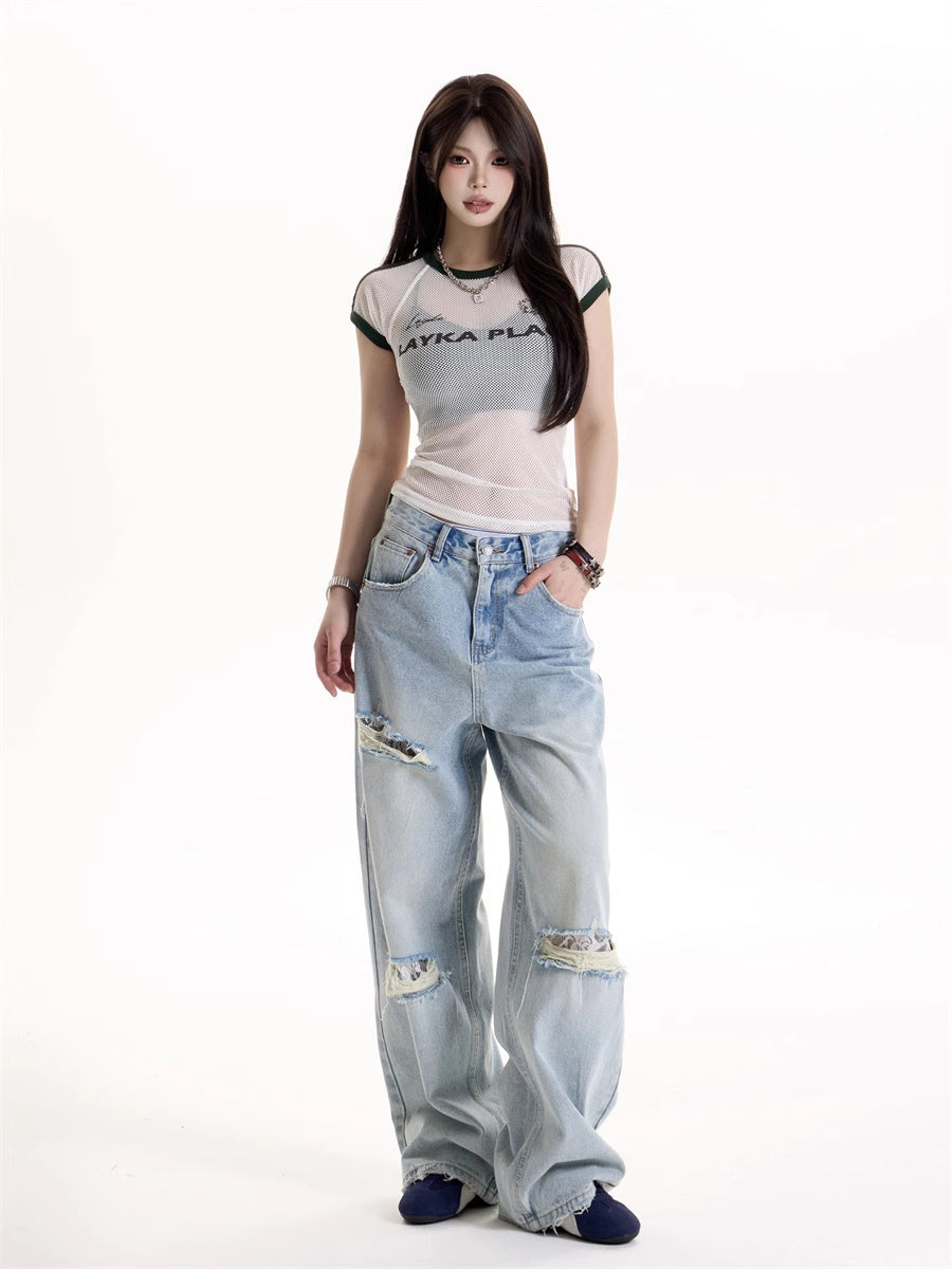 American Retro Hot Girl Style Ripped Design Jeans