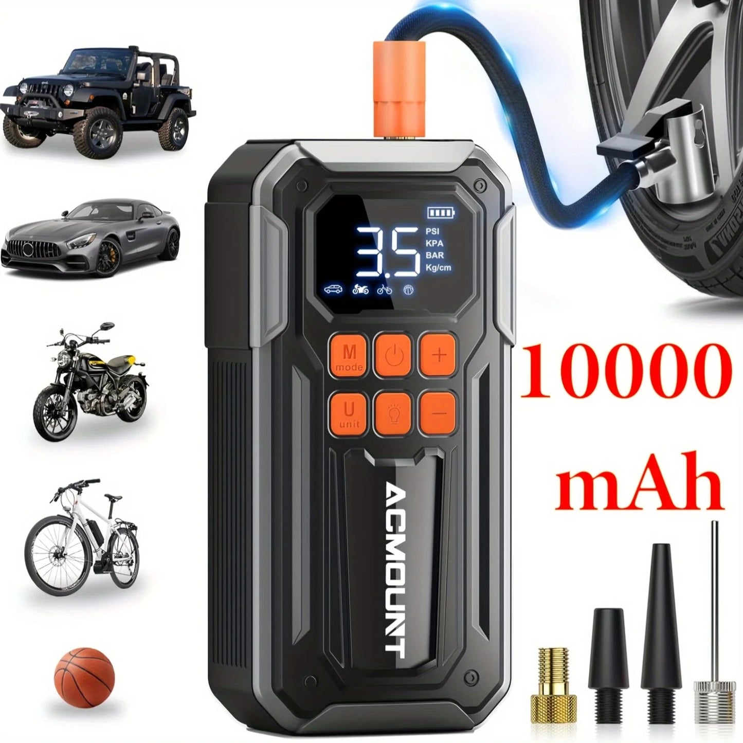 ACMOUNT 160PSI Portable Tire Inflator, 3× Faster Cordless Air Pump with Digital Gauge & LED Light for Car,Bike,Motorcycle,Ball