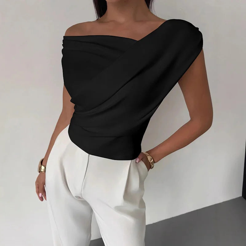 Fashion Asymmetric Slash Collar Short Tops Casual Sleeveless Pleated Commute Shirts Elegant Solid Color Slim Simple Women's Tops