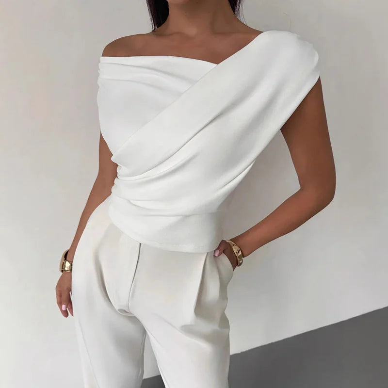 Fashion Asymmetric Slash Collar Short Tops Casual Sleeveless Pleated Commute Shirts Elegant Solid Color Slim Simple Women's Tops
