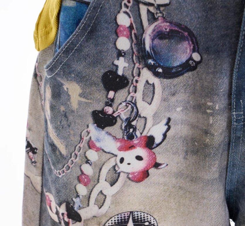 American Retro Cartoon Chain Printed Jeans