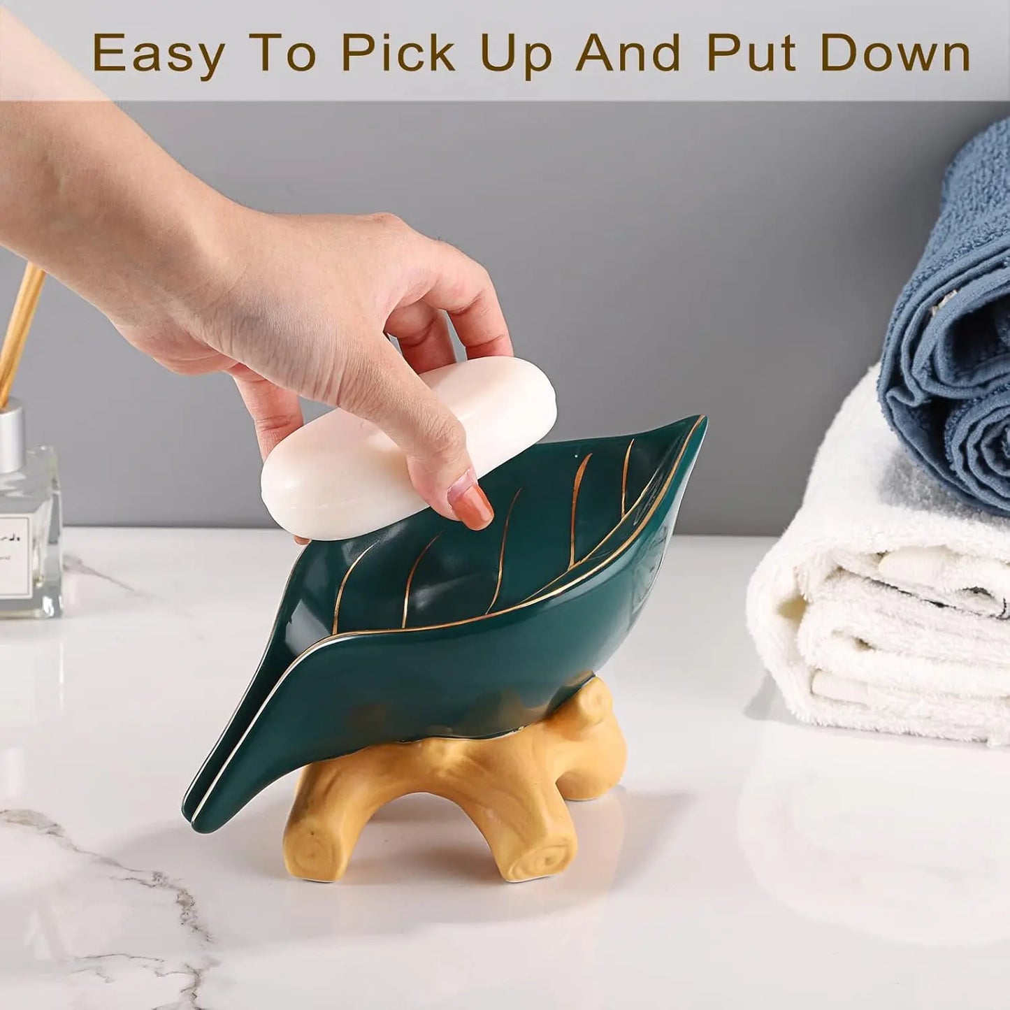 Ceramic Soap Dish Holder Self Draining, Unique Waterfall Soap Dish Leaf Shape Decorative Soap Dish Tray Tabletop Drainable Soap