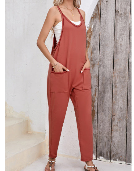 Black Side Pockets Harem Pants Sleeveless V Neck Jumpsuit