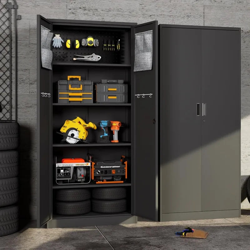 Big Metal Garage Storage Cabinet with Locking Doors, Lockable Heavy Duty Metal Tool Cabinet with Pegboard, Metal Utility Cabinet