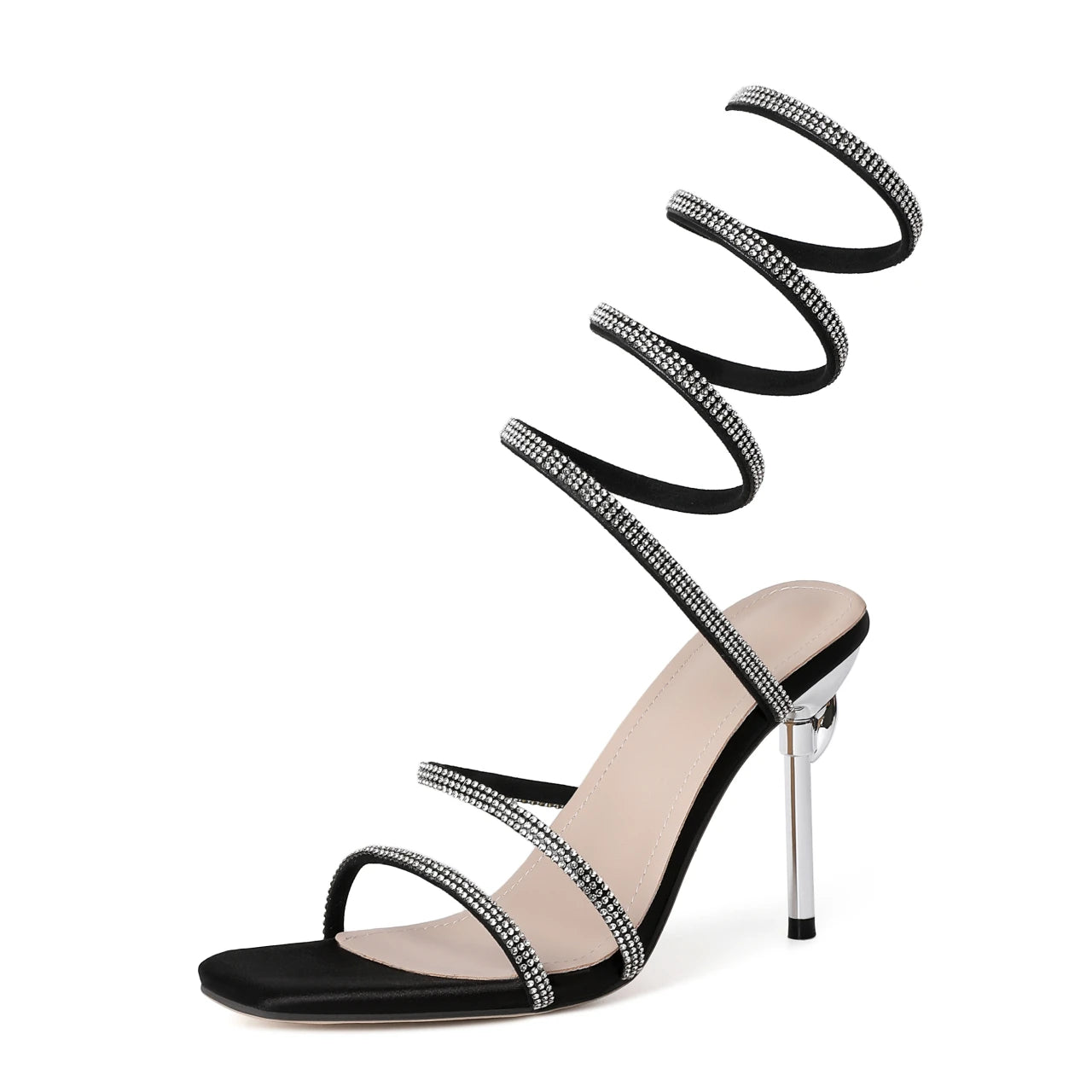 Ankle-Wrapped Two-Strap Stiletto Heel with Rhinestones and Snake-Shaped Open-Toe Sandals for Women