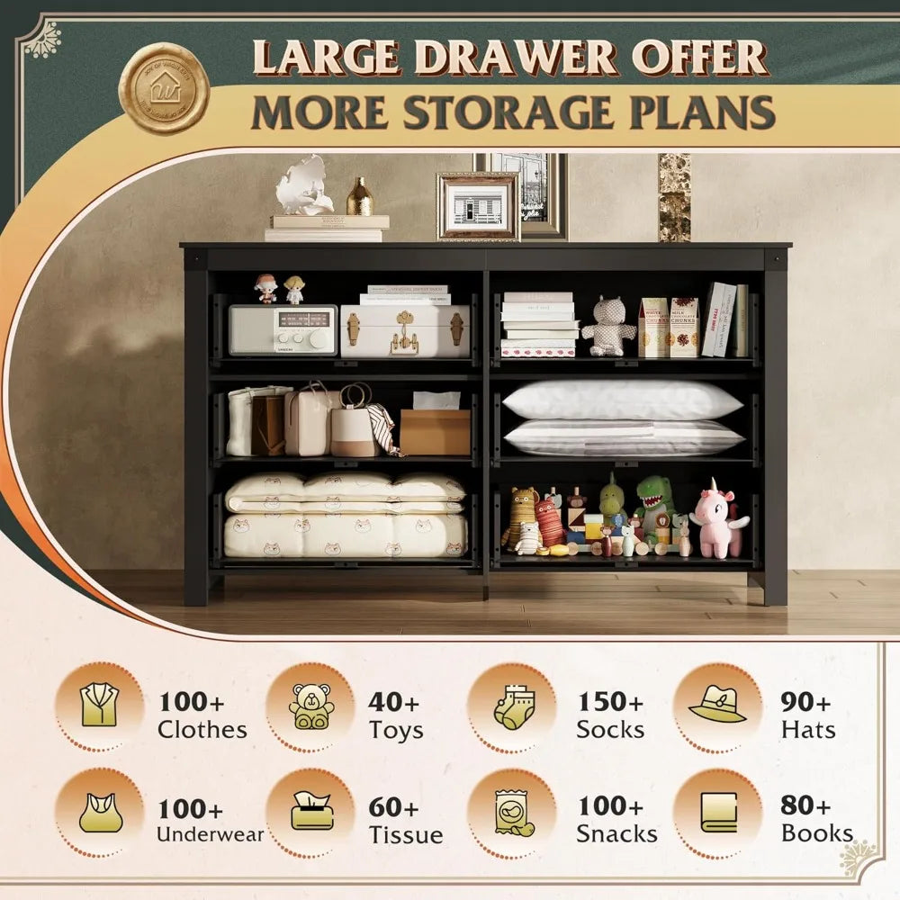 Farmhouse Black Dresser for Bedroom, 53.07'' Wide 6 Drawer Wood Dresser, Chest of Drawers with Double Rustic Handle,