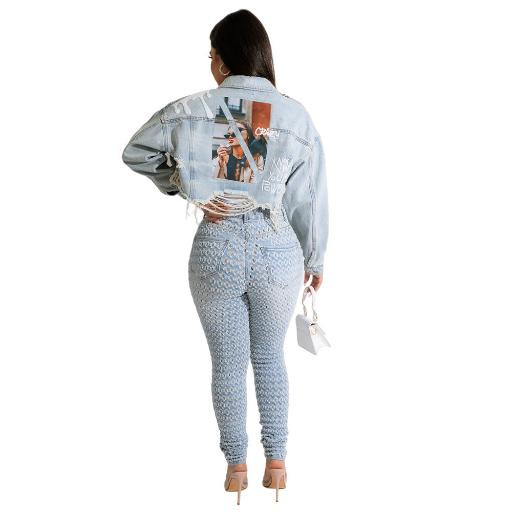 Fashion Hot Retro Everything With Personality Raw Edge Jacket Hot Painted Coat