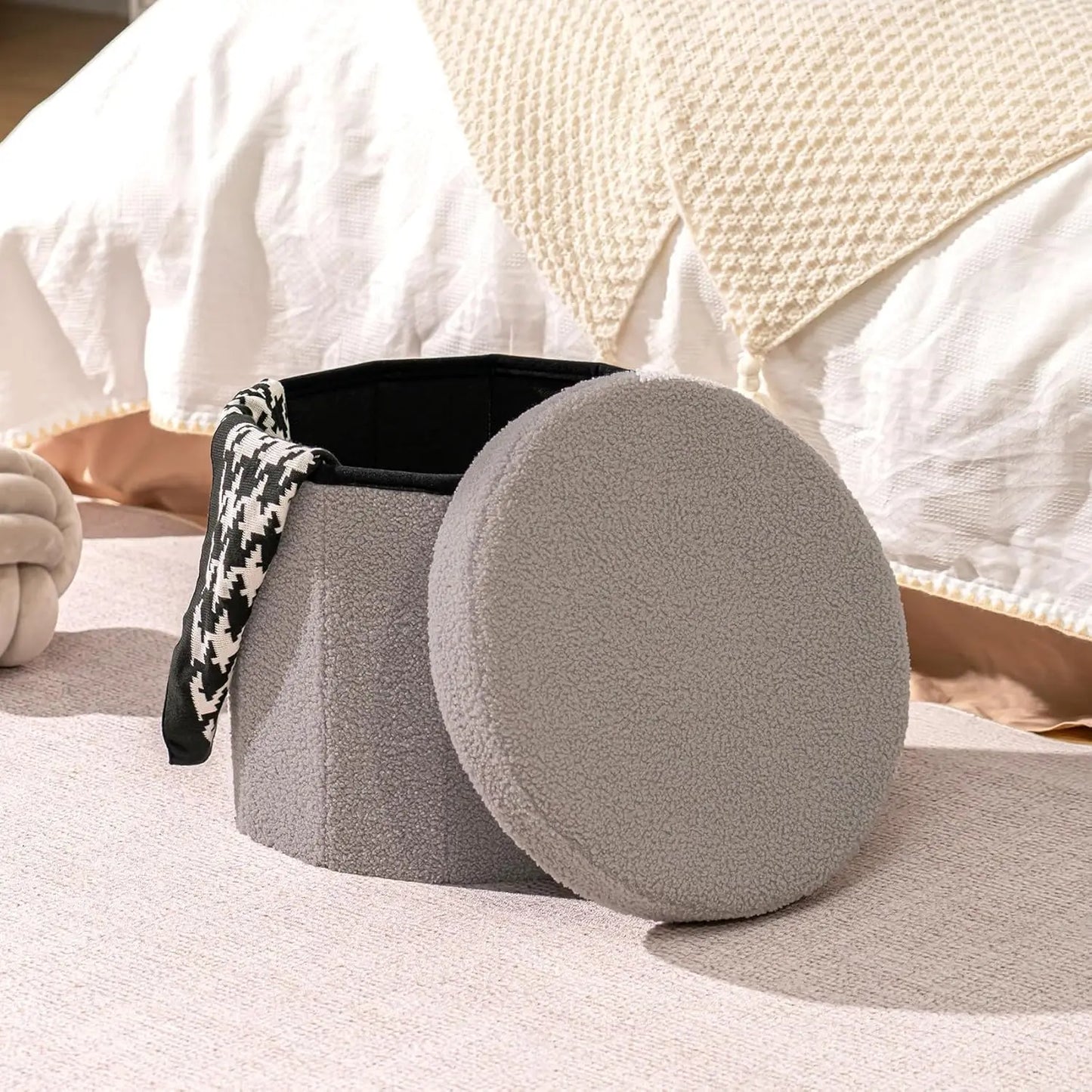 B Fsobeiialeo Storage Ottoman Cube, Round Ottomans With Storage Foot Stool Footrest For Lving Room, Boucle Ottoman Seat For
