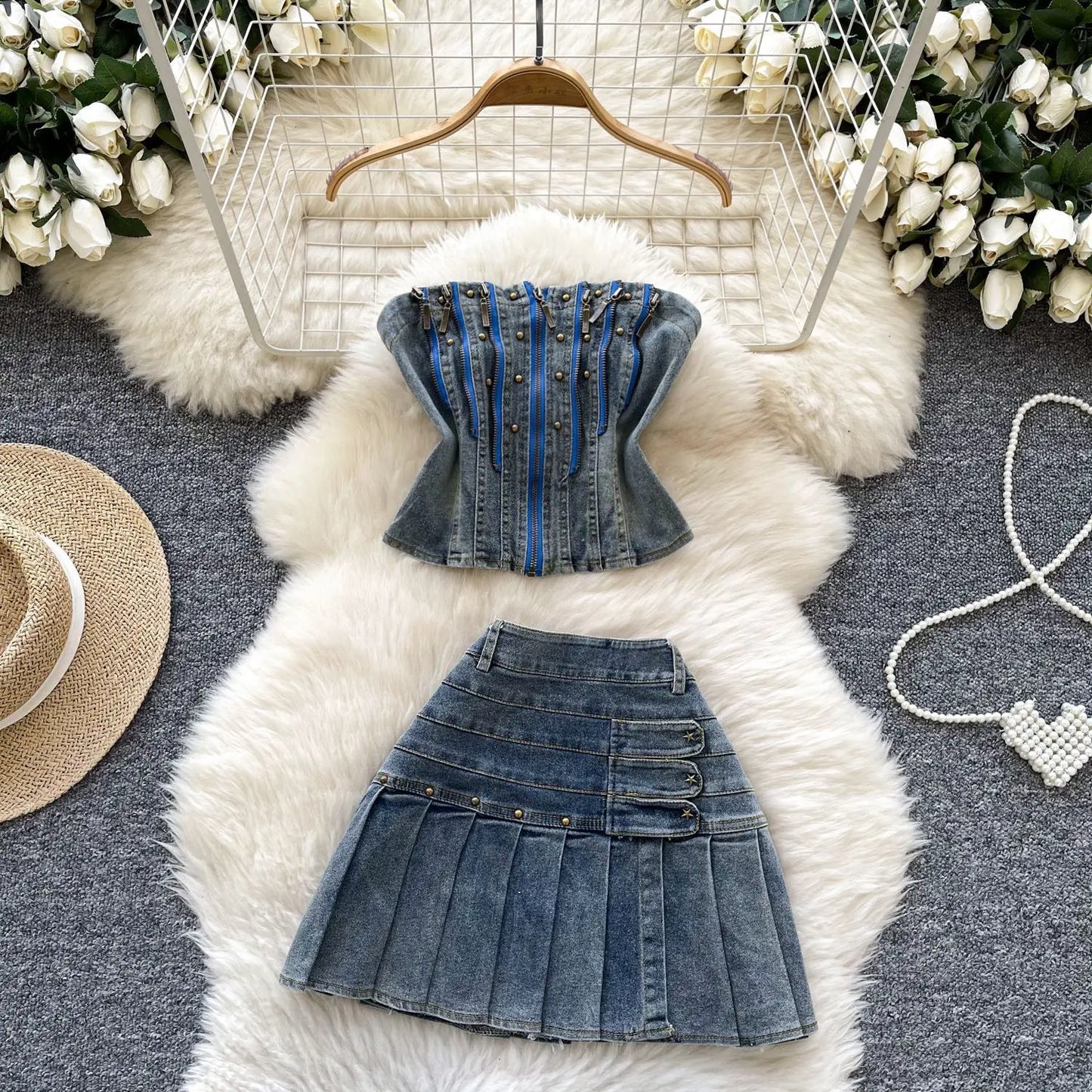 American Spice Girl Denim Suit, Women's Heavy Industrial Rivets Zipper Sleeveless Strapless Top,High-waisted Pleated Denim Skirt