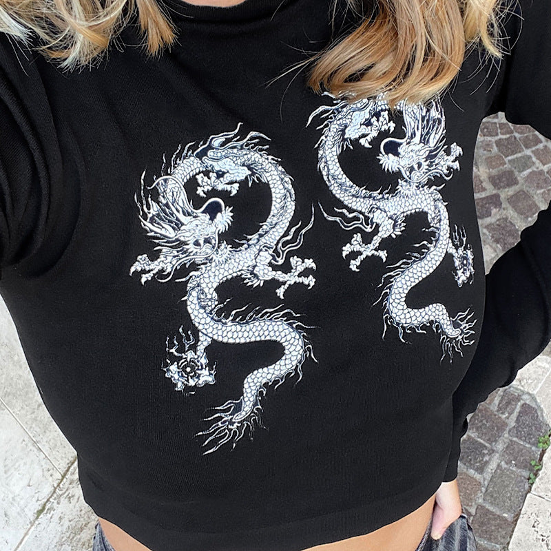 Dark Double Dragon Print Cropped Long Sleeve T Shirt