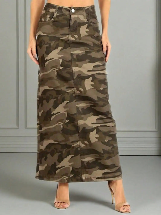 2025 New Style Women's Camouflage Denim Maxi Skirt High  Waisted Long Skirt Casual Fashion Streetwear