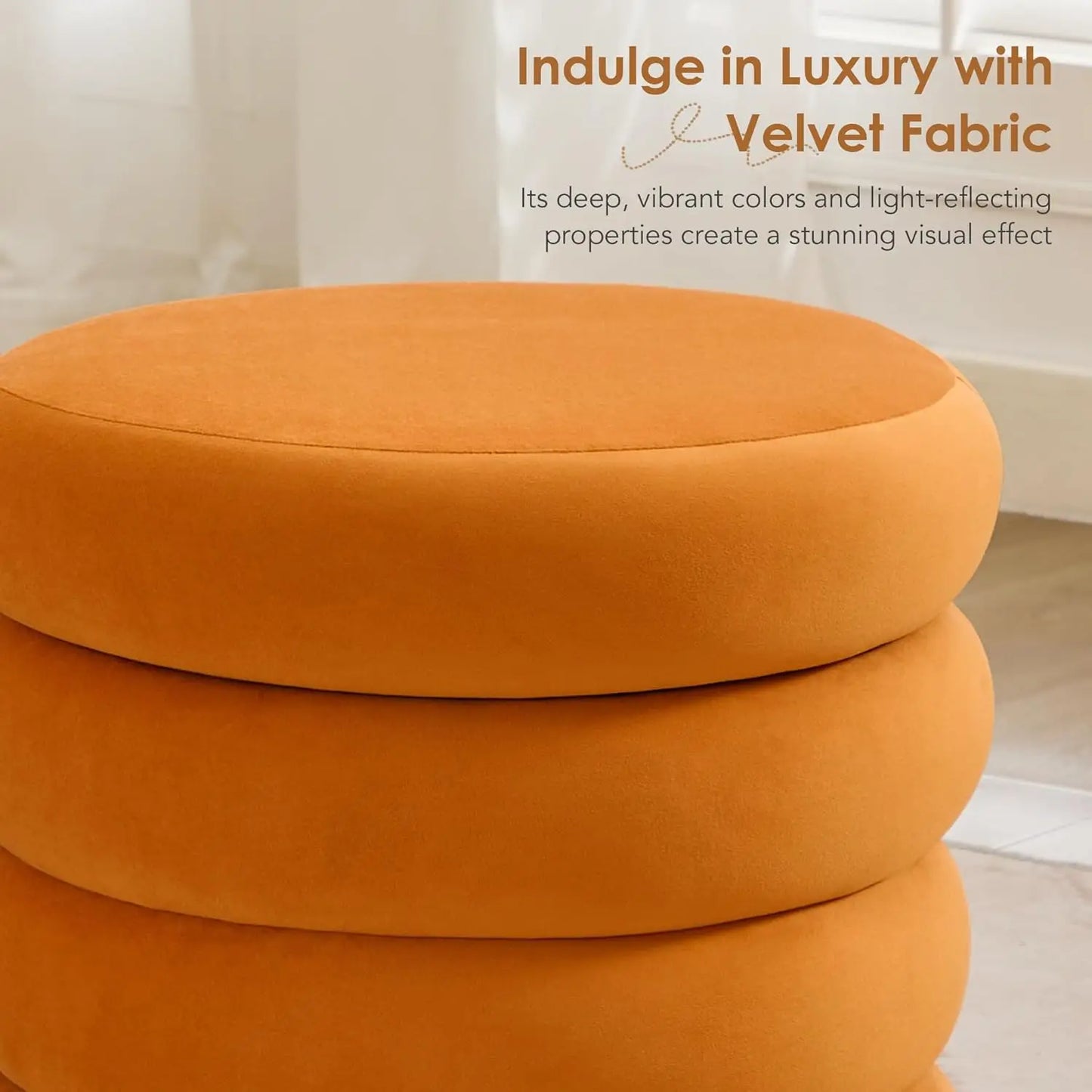 20.1'' Storage Ottoman Round, Velvet Pouf Ottoman Foot Rest With Removable Lid, Modern Orange Vanity Stool Seating For Girls