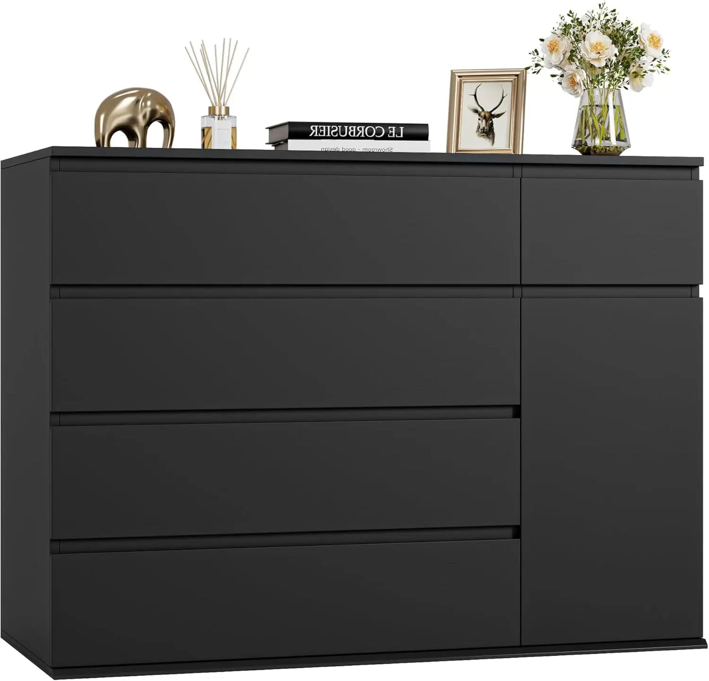 5 Drawer Dresser, Black Dresser for TV Stand, Double Wide Storage Chests of Drawer with Door, Deep Drawers and Wide Storage