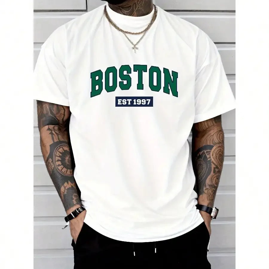 1 pc, 100% cotton T-shirt, Letter T-shirt men's casual street style summer and autumn micro-elastic round neck T-shirt