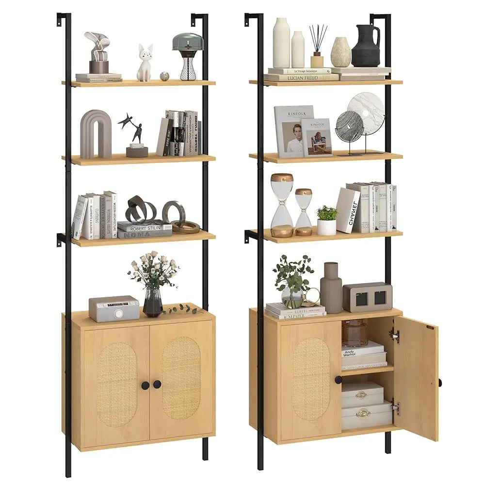 72.5'' Tall Bookshelf With Cabinet Set Of 2, 4-Tier Wall Mount Ladder Shelf With Rattan Cabinet, Adjustable Shelf, Metal Frame,