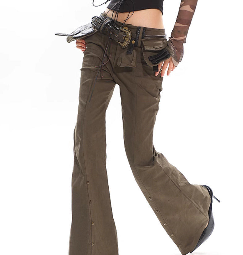 Black Weila Slimming Washed Denim Army Green Design Sense Bell-bottom Pants