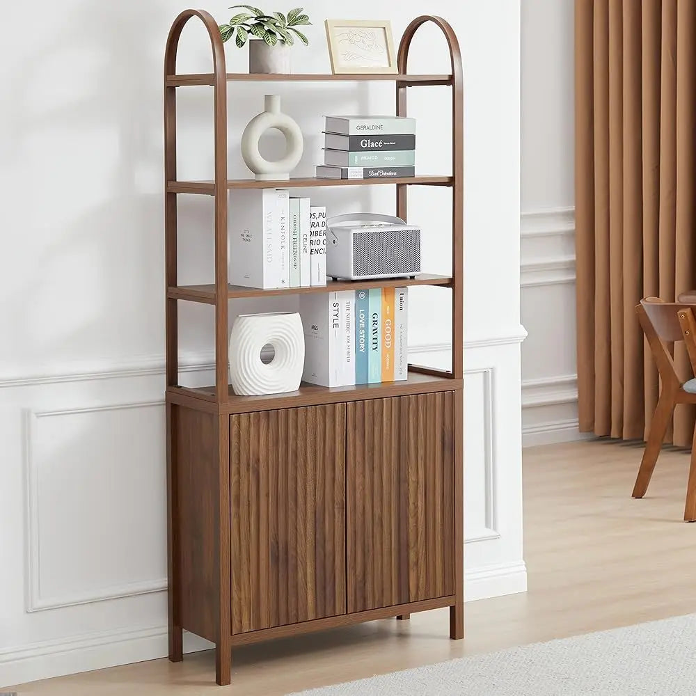 71” Tall Arched Bookshelf Storage With Fluted Doors, Mid Modern 6 Tier Bookshelves, Freestanding Bookcase Cabinet With Open