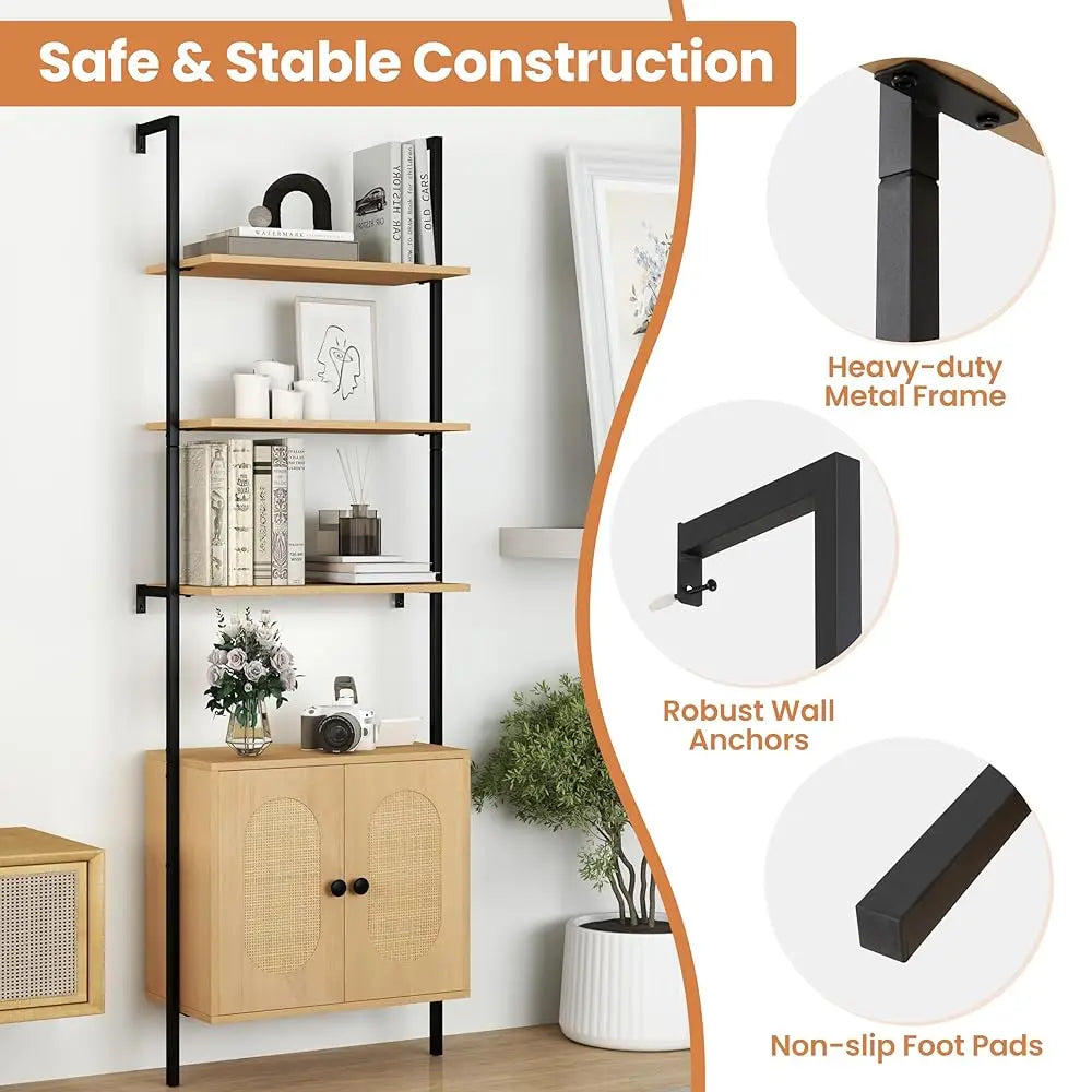 72.5'' Tall Bookshelf With Cabinet Set Of 2, 4-Tier Wall Mount Ladder Shelf With Rattan Cabinet, Adjustable Shelf, Metal Frame,