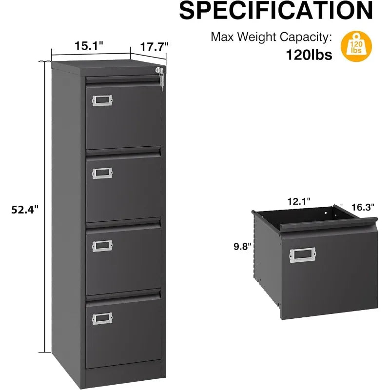 4 Drawer File Cabinet with Lock, Vertical Small Filing Cabinet Steel Lockable Storage Cabinets, 4 Drawer-15"W Black