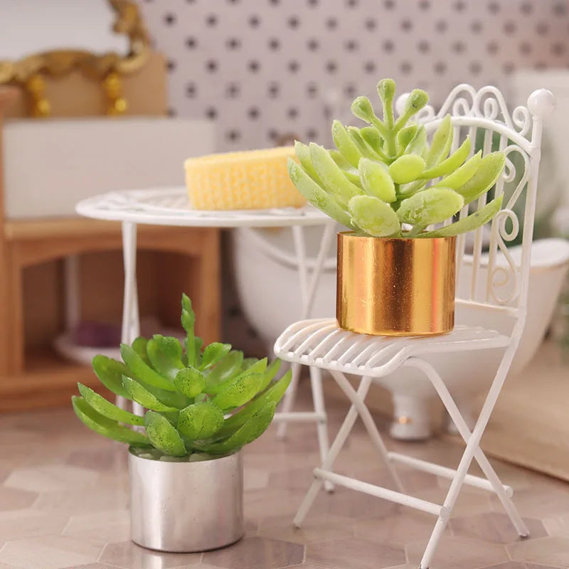 1pcs Mini Plant Gold Silver Flowerpot Miniature Simulation Succulent Plants Toy Play Dollhouse Room Garden Art Accessories