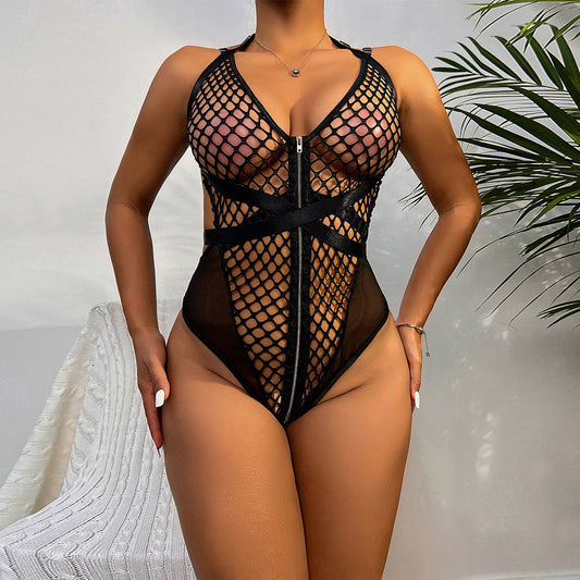 Coarse Mesh Zipper Heavy Craft Halter Ladies Bodysuit