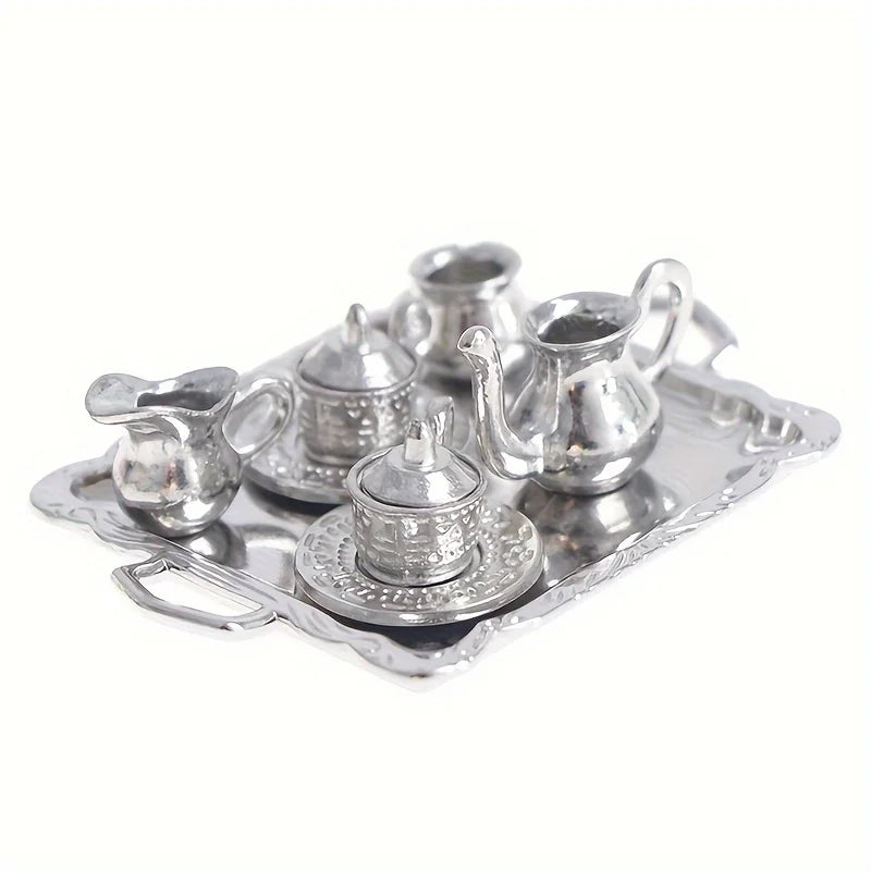 1set Mini Silver Simulation Plated Tea Cup Set Teapot Model Dollhouse Miniature Home Kitchen Decor Funny Play Accessories