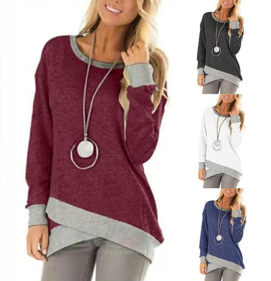 European And American Foreign Trade New Hot Style Wish AliExpress Amazon Hot Sale Round Neck Irregular Stitching Long-Sleeved Top